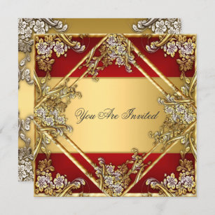 Gold Red Floral Frame Party Invitation Gold Red