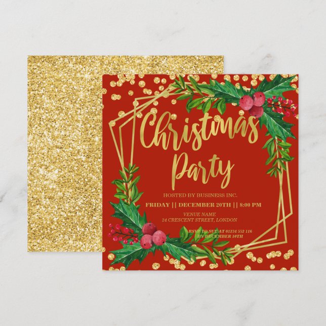 Gold Red Floral Holly Glitter Christmas Corporate Invitation (Front/Back)