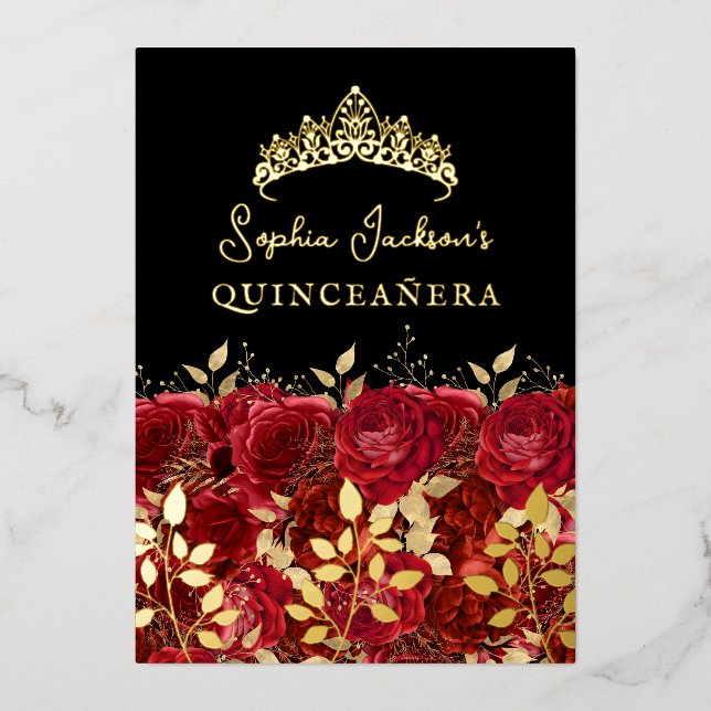 Gold Red Floral Rose Leaf Quinceanera (Front)
