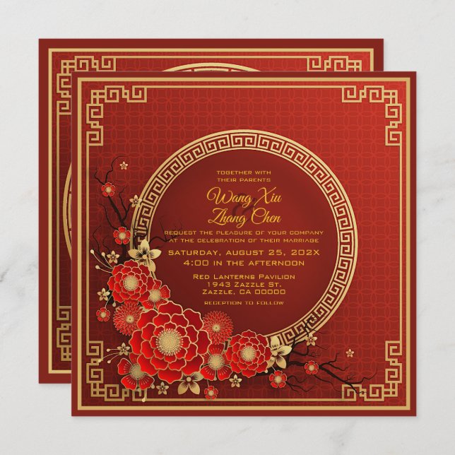 Gold & Red Flowers Bilingual Chinese Wedding Invitation (Front/Back)