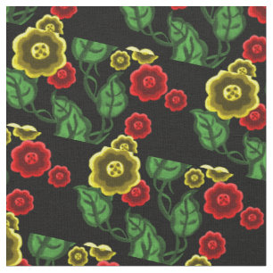 Gold/red flowers/green leaves/Folk floral/black Fabric