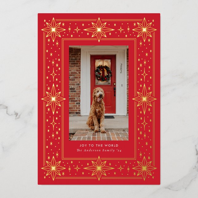 Gold & Red geometric star border Christmas Photo (Front)