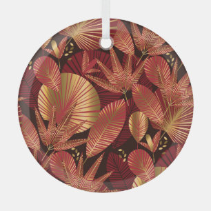 Gold Red, Geometric Tropical Pattern. Glass Ornament