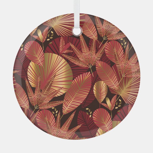 Gold Red, Geometric Tropical Pattern. Glass Ornament (Front)