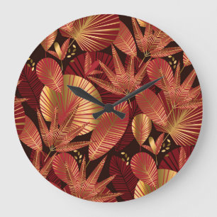 Gold Red, Geometric Tropical Pattern. Large Clock