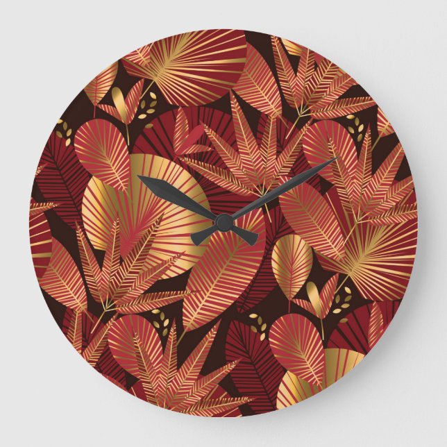 Gold Red, Geometric Tropical Pattern. Large Clock (Front)