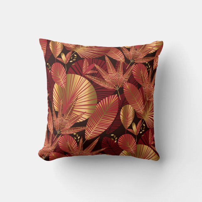 Gold Red, Geometric Tropical Pattern. Throw Pillow (Front)