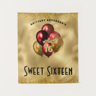 Gold Red Glitter Balloons Sweet 16 16th Birthday Tapestry