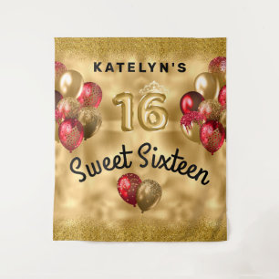 Gold Red Glitter Balloons Sweet 16 Tapestry