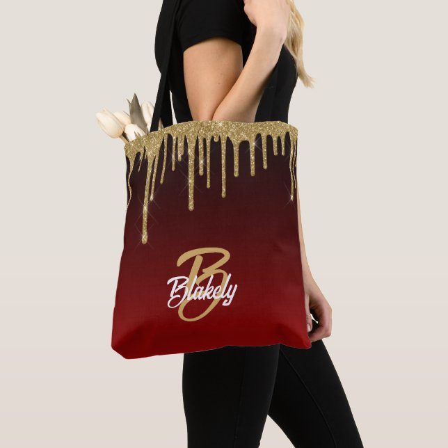 Gold Red Glitter Drip Monogram Sparkle Cute Girly Tote Bag (Close Up)