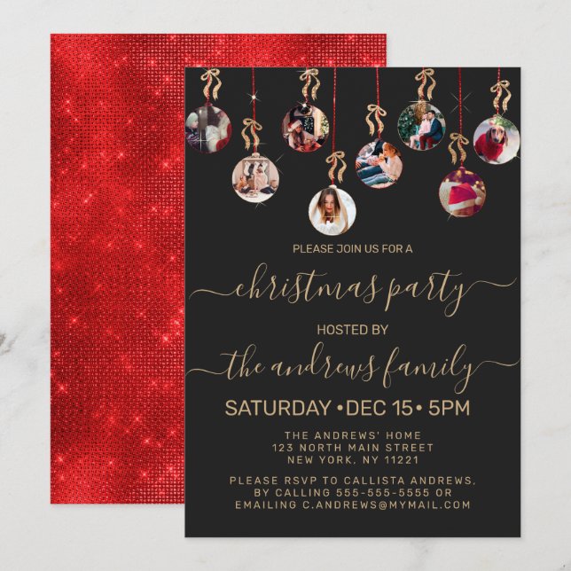 Gold Red Glitter Hanging Ornaments Photo Christmas Invitation (Front/Back)