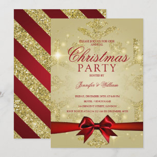 Gold & Red Glitter Snowflake & Ribbon Xmas Party Invitation