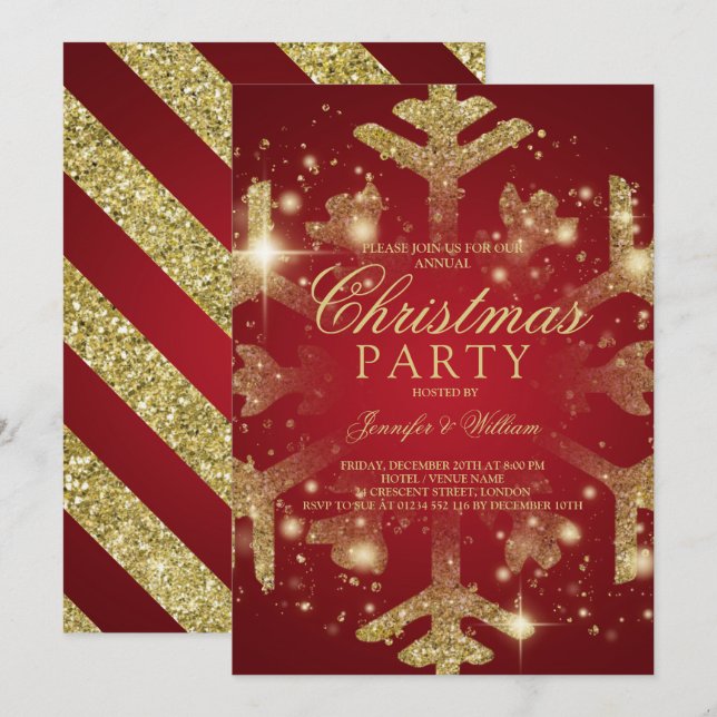 Gold & Red Glitter Snowflake Xmas Holiday Party Invitation (Front/Back)