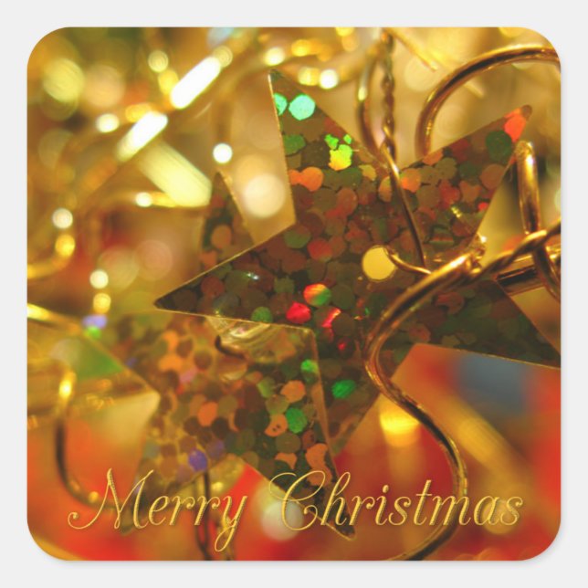 Gold & Red Glitter Stars Christmas Sticker (Front)