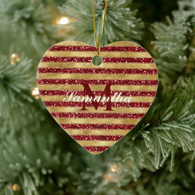 Gold Red Glitter Stripes Monogram Ceramic Ornament (Tree)