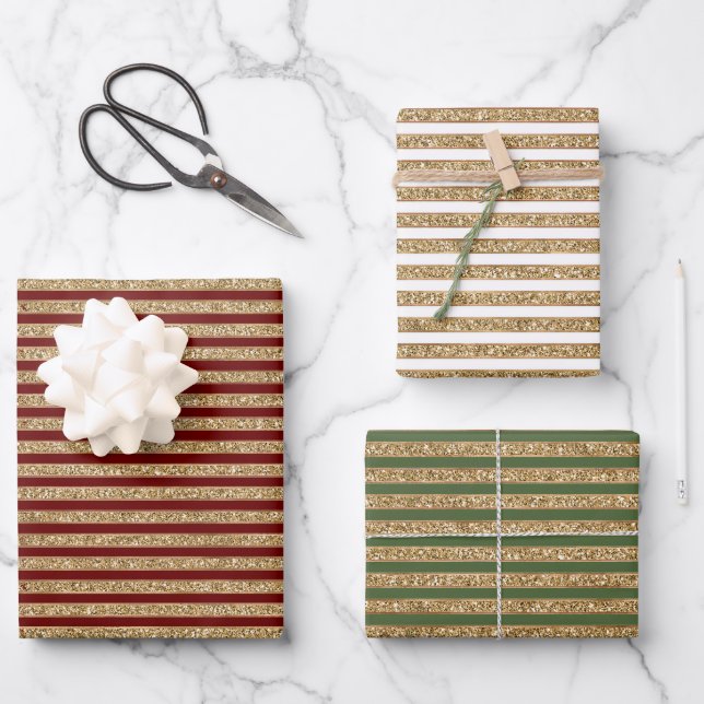 Gold Red Glitter Stripes      Wrapping Paper Sheet (Front)