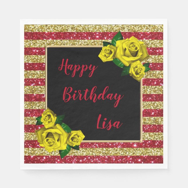 Gold Red Glitter Stripes Yellow Roses Birthday Napkin (Front)