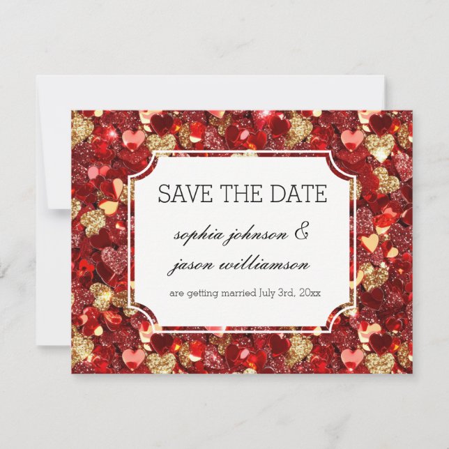 Gold red glitzy hearts save the date (Front)
