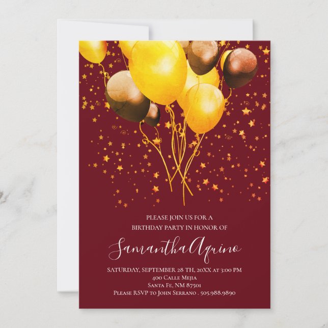 Gold & Red Gold Balloons Star Confetti Birthday Invitation (Front)