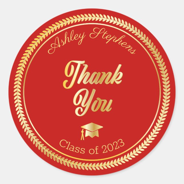 Gold | Red Grad Cap Class of 2023 Thank You Classic Round Sticker (Front)