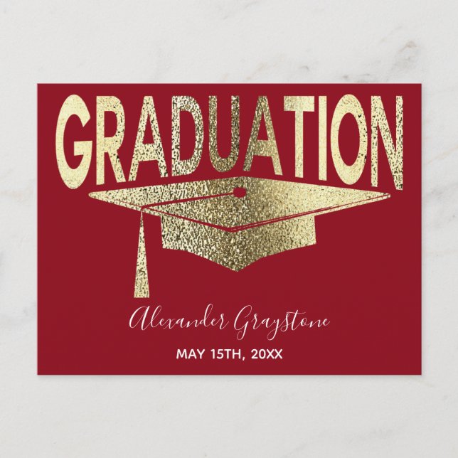 Gold Red Graduation Cap Save The Date Postcard (Front)