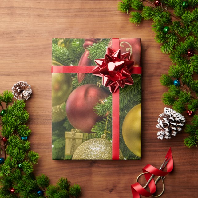 Gold Red & Green Christmas Ornaments Wrapping Paper (Holiday Gift)