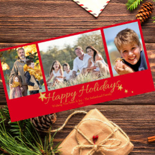 Gold & Red Happy Holidays 3 Photo Collage Holiday Card