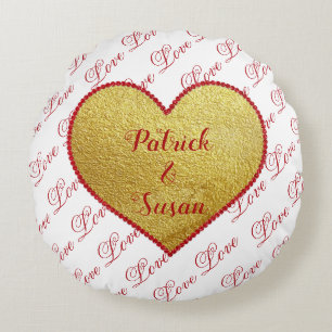 Gold Red Heart Cute Elegant Modern Valentines Day Round Pillow