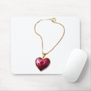 Gold Red Heart Necklace Mouse Pad