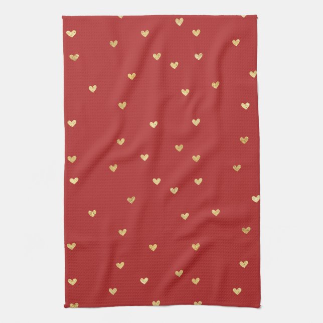 Gold Red Hearts Kitchen Towel (Vertical)