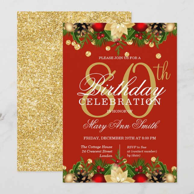 Gold & Red Holiday Glitter 80th Birthday Party  Invitation (Front/Back)