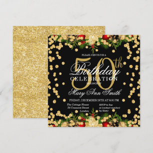 Gold & Red Holiday Glitter Glam 50th Birthday  Invitation