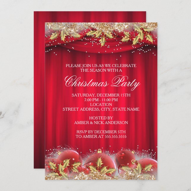 Gold Red Holly Baubles Christmas Party Invite (Front/Back)