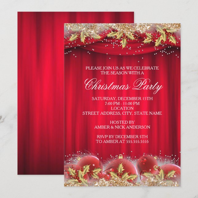 Gold Red Holly Baubles Invitation de la fête de No (Devant / Derrière)