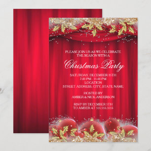 Gold Red Holly Baubles Invitation de la fête de No