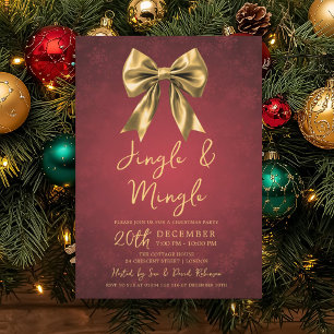 Gold Red Jingle & Mingle Christmas Party Bow Snow Invitation
