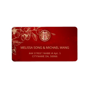 Gold Red Magnolia Chinese Wedding Label