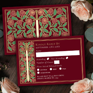 Gold Red Medieval Floral Sword Wedding RSVP Card