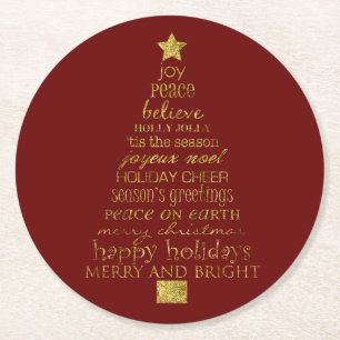 Gold Red Merry and Bright Christmas Tree Words Round Paper Coaster