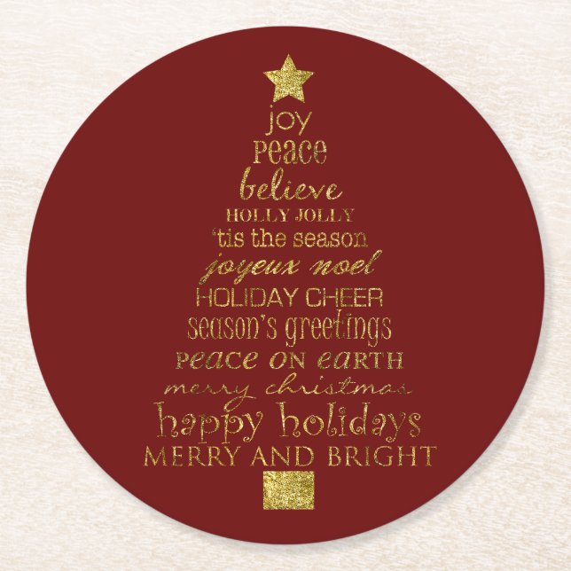 Gold Red Merry and Bright Christmas Tree Words Round Paper Coaster (Front)