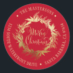 Gold Red Merry Christmas Wreath Return Address Classic Round Sticker<br><div class="desc">Here's a lovely way to put your return address on cards and packages this Christmas holiday season. This design features a gorgeous wreath of eucalyptus sprigs, leaves, and foliage with berries in faux gold foil. Inside the wreath are the words "Merry Christmas" in a trendy script calligraphy in faux gold....</div>