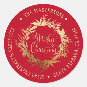 Gold Red Merry Christmas Wreath Return Address Classic Round Sticker