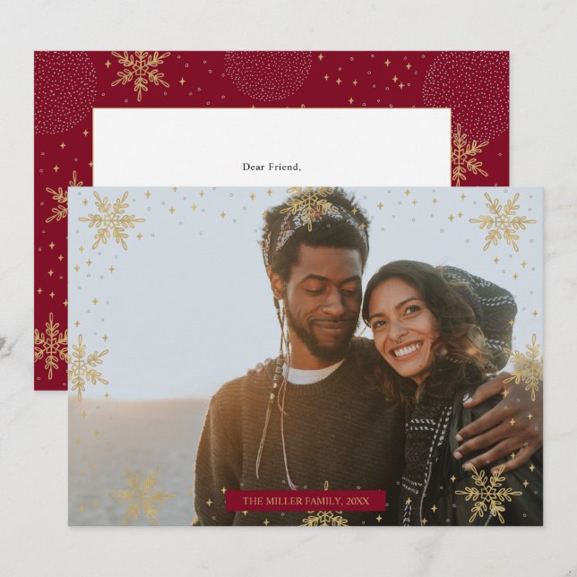 Gold & Red | Modern Winter Photo Christmas Card (Front/Back)