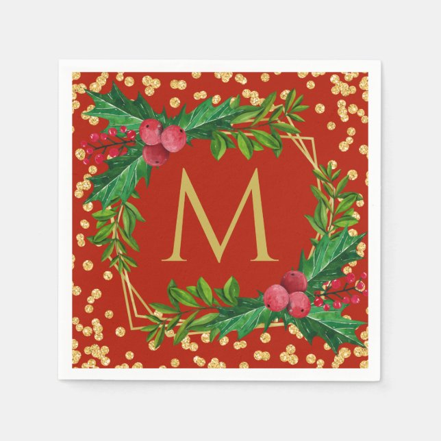 Gold Red Monogram Merry Christmas Holly Glitter Napkin (Front)