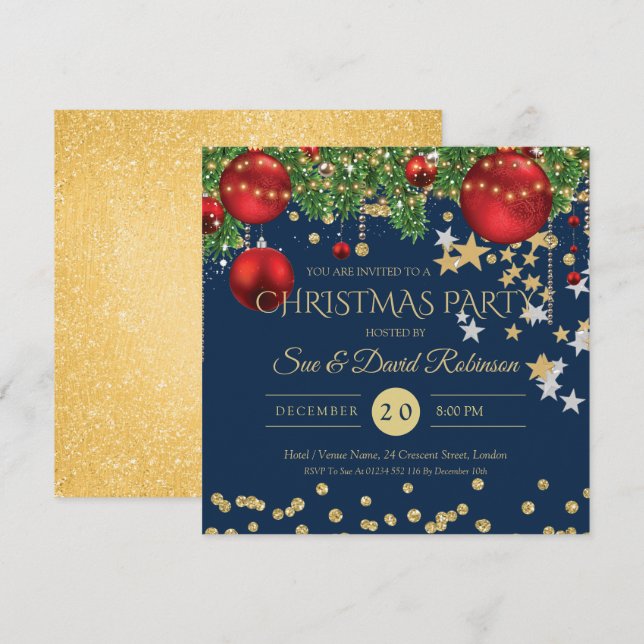 Gold Red Navy Glitter Christmas Holiday Party Invitation (Front/Back)