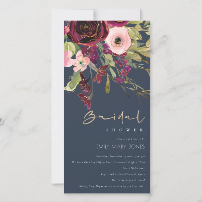 GOLD RED NAVY PINK ROSE FLORA BRIDAL SHOWER INVITE (Front)