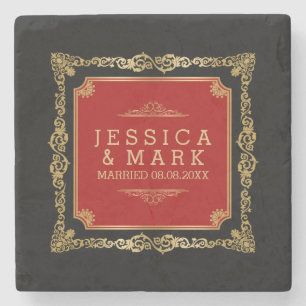 Gold & Red Ornate Frame Black Background Stone Coaster