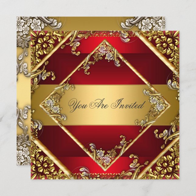 Gold Red Party Invitation Floral Frame (Front/Back)