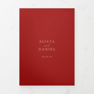 Gold red photo wedding RSVP details QR code Tri-Fold Invitation