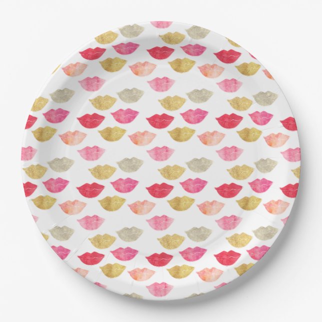 Gold Red Pink Watercolor Lips Paper Plate (Front)